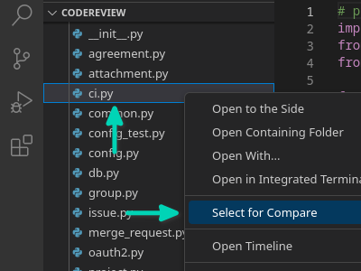 Select first file for comparison in VS Code