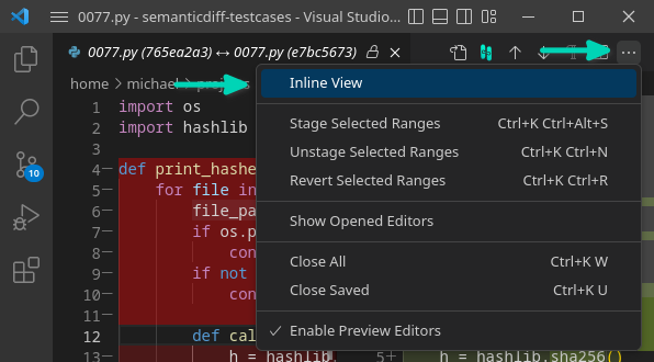 Switch to inline diff in VS Code