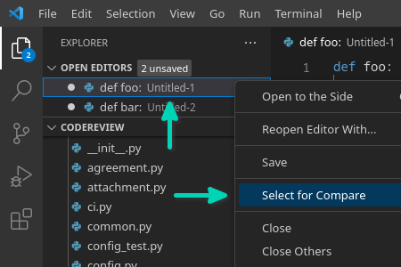 Select first editor for comparison in VS Code