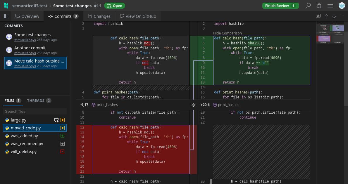 SemanticDiff detects how code was moved